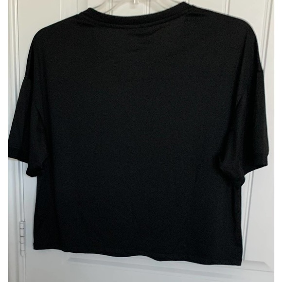 BEBE SPORT SHORT WAISTED TOP, WOMENS. XL, BLACK W/COLORFUL STRIPES ON FRONT - Picture 2 of 9